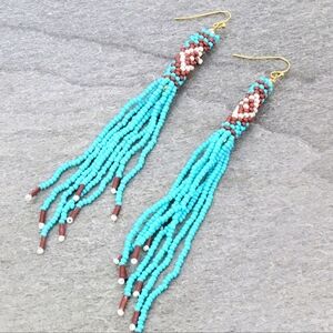 NWT Blue Seed Bead Aztec Turquoise and White Tassel Fringe Earrings